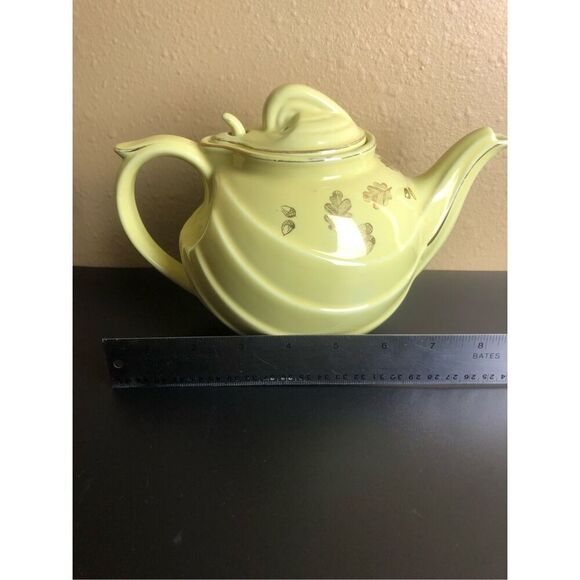 Retro Hall Teapot Canary Gold Label Parade Hook Yellow With Gold Oak Leaves 1950 - Picture 13 of 14